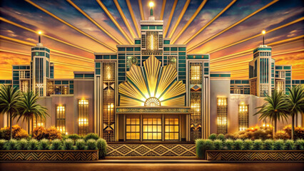 A grand building showcases an Art Deco design with intricate geometric patterns and bold lines. Illuminated by warm light, the structure is surrounded by lush greenery and palm trees.AI generated.