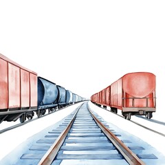 Obraz premium Watercolor Painting of a Train Track with Two Freight Cars.