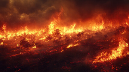 A wildfire sweeping through a dry grassland, with flames spreading rapidly and consuming everything in its path, highlighting the speed and intensity of the disaster.