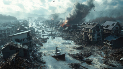A coastal town devastated by a powerful tsunami, with broken buildings, overturned boats, and debris scattered across the flooded streets, capturing the chaos and destruction caused by the natural