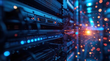 Fototapeta premium Close up of server rack with blue and orange lights.