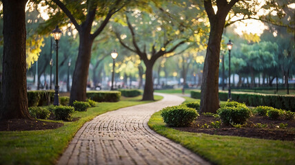 Blurred bokeh of a path through a tranquil park