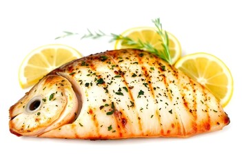 grilled fish fillet with herbs, isolated on white, showcasing the flaky texture and garnished with lemon slices create with ai