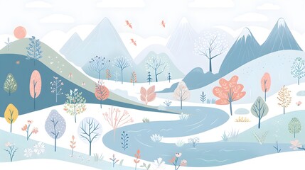 Smooth Lines Nature Landscape with Trees and Water &ndash; Vector
