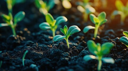 Seedlings Growing From Fertile Soil And Morning Sun Shining, Concept Of Plant Growth And Ecological Balance, Ecology Concept