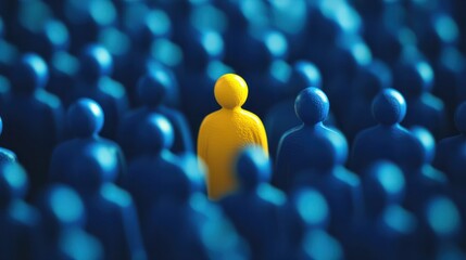 Yellow figure distinct among blue crowd, representing the concept of finding the right person in HR, business strategy, and organizational psychology