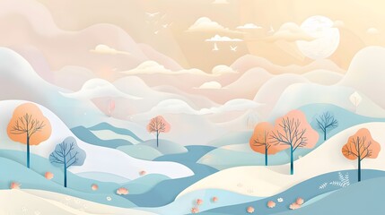 Scenic Mountain and River Landscape with Trees – Vector Art
