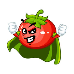 A cartoon tomato superhero with a determined expression, wearing a green cape, showcasing strength and health.