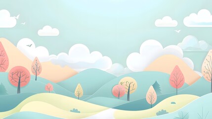 Tranquil Nature Scene with Mountains, River, and Clouds &ndash; Vector
