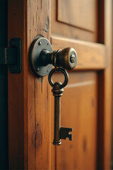 Rustic wooden door with a vintage key hanging from the lock. The image evokes a sense of history and character, with a focus on the key and door textures.