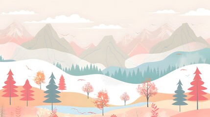 Fototapeta premium Minimalist Mountain Scene with Trees and Water – Vector 
