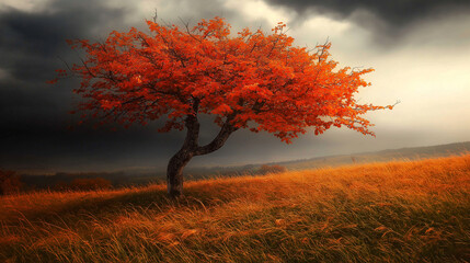 Lone Red Tree Under Dramatic Autumn Skies