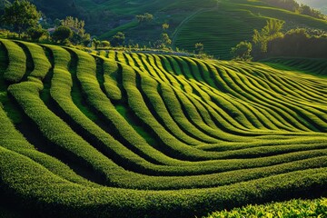 Fototapeta premium Expansive green field with flourishing plants under a clear, blue sky, photo-realistic landscape emphasizing vivid colors and details. Beautiful simple AI generated image