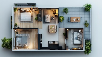 Top view of a modern apartment with balcony, two bedrooms, a kitchen and a living room.