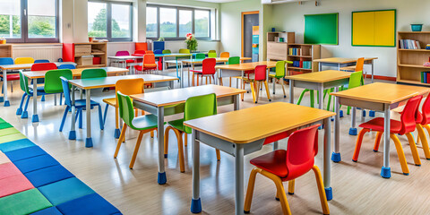Obraz premium Classroom setting with colorful desks, chairs, and educational supplies, education, school, learning, students