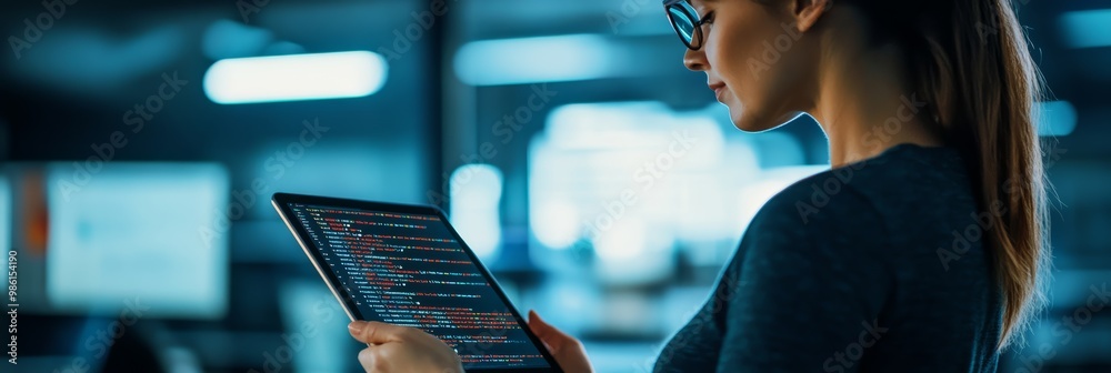 Leinwandbilder Young woman coding on a tablet in a high-tech environment with digital code. Programming and digital transformation.