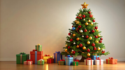 Christmas tree surrounded by colorful presents, festive, holiday, decorations, gifts, wrapped, ornaments, season, celebration