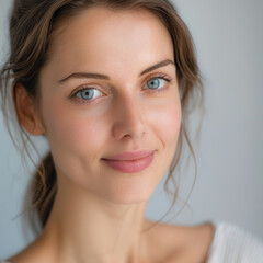 Naklejka premium Portrait of smiling woman model posing in profile, close up of beautiful female, with healthy skin