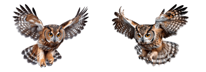 Two owl birds flying, isolated on white background, cut out