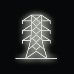 Minimalistic glowing white neon icon of high voltage electric pylon standing on black background
