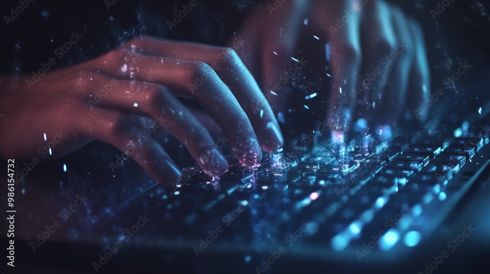 Aufkleber Hands typing on a futuristic keyboard with particles flying off. Programming and cybersecurity concept.