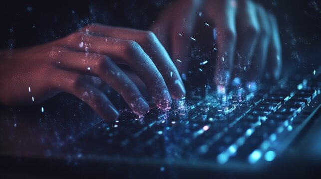 Hands typing on a futuristic keyboard with particles flying off. Programming and cybersecurity concept.