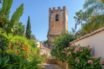 Fototapeta premium Weather-beaten stone cottage with rough-hewn timbers and sturdy design picture. Beautiful simple AI generated image