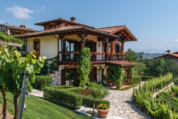 Obraz premium A beautiful hillside villa with a terracotta roof and a large balcony overlooking a vineyard. The house has a Mediterranean style with a lush garden and a stone pathway.