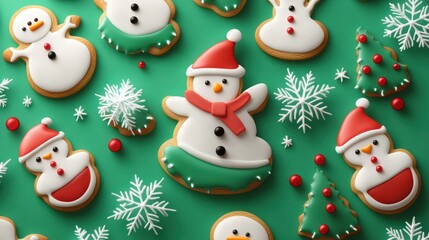 Christmas cookies, snowman, christmas tree, on festive background. Homemade food design decoration template