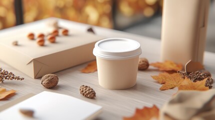 A paper cup with a white lid sits on a wooden table with autumn leaves, nuts and a pine cone.