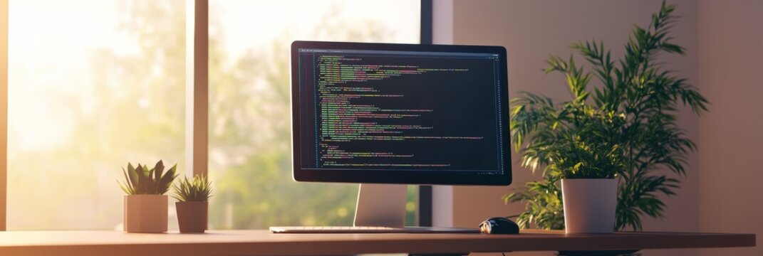 Desktop computer displaying code in a sunny room with plants, showcasing a productive and natural home office setup for software development