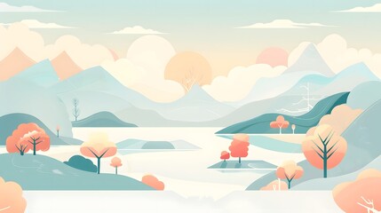 Obraz premium Smooth Color Nature Scene with River and Trees – Vector 