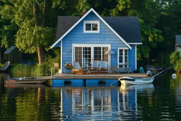 Obraz premium A charming boathouse with a blue exterior and white trim, floating on a serene lake. The house has a small deck with a couple of chairs and a fishing boat tied to the dock.