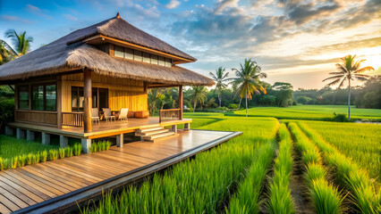 Obraz premium Beautiful modern house with thatched roof, wooden deck