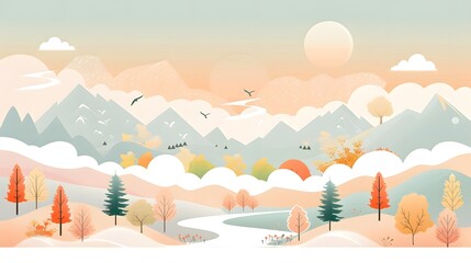 Obraz premium Calm Nature Scene with Mountains, Trees, and Clouds – Vector 