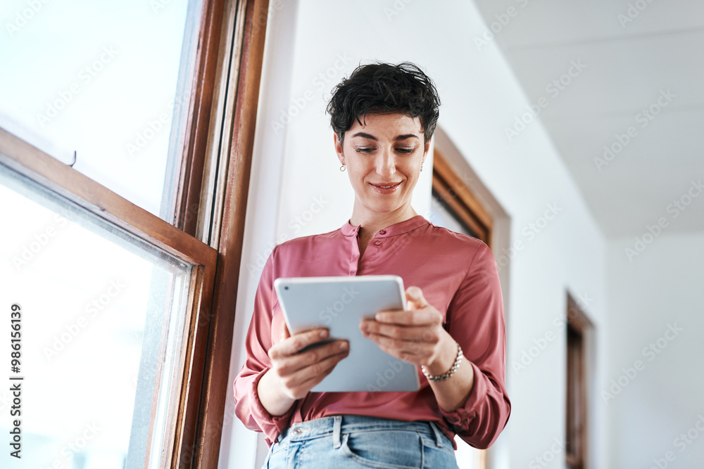 Aufkleber Creative, smile and woman with tablet in office for web development, email or communication. Company, developer and happy with technology at IT startup for ux project plan, info or review of database