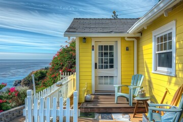 A charming coastal bungalow with a bright yellow exterior and a white picket fence. The house has a small porch with a couple of Adirondack chairs and a view of the ocean.