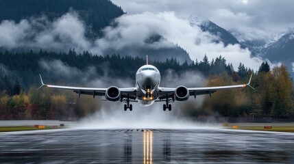 Airplane taking off on a runway with a foggy mountain backdrop.