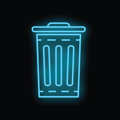 Blue neon sign depicting a trash can glowing on a black background