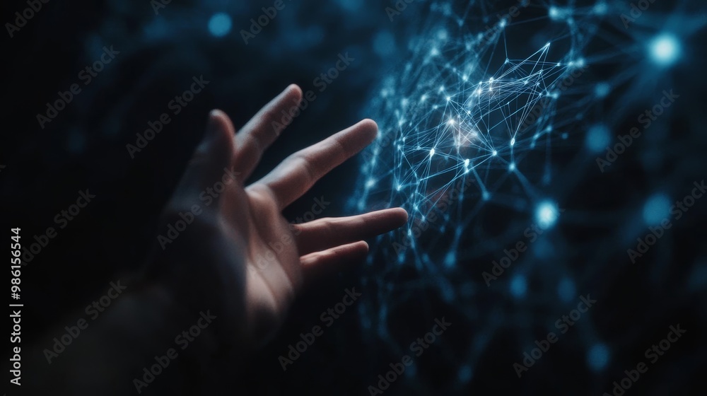 Poster hand reaching towards a network of glowing nodes, symbolizing tech and connectivity.