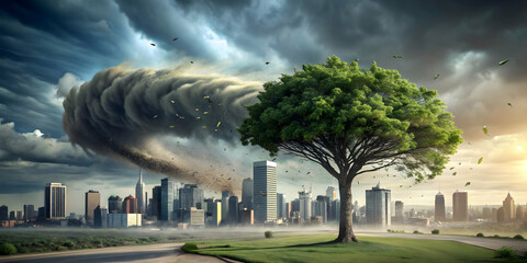 A whirlwind sweeping through a city uprooting trees, whirlwind, storm, city, destruction, trees, uprooted, disaster, chaos, wind