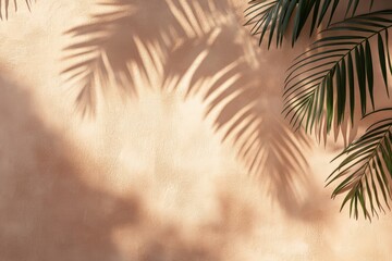 Blurred shadow from palm leaves on the light cream wall. Minimalistic beautiful summer-spring background for product presentation.. Beautiful simple AI generated image