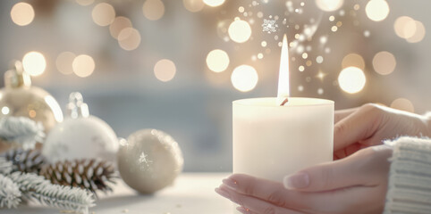 Hands holding a lit candle surrounded by festive decorations and warm lights, creating a serene holiday atmosphere