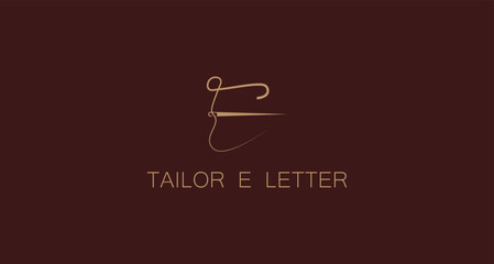Abstract Initial Letter E Tailor logo, thread and needle combination with gold color line style , Flat Logo Design Template, vector illustration
