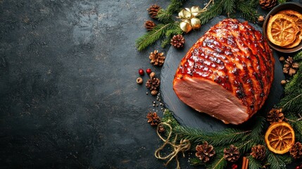 'delicious ham grey table top view space text christmas nner background baked celebration cooked copy cut dinner dish eat eve feast festive flat food fresh glazed epicure holiday homemade ingredient'
