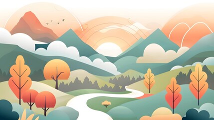 Peaceful Mountain and River Scene in Soft Colors – Vector
