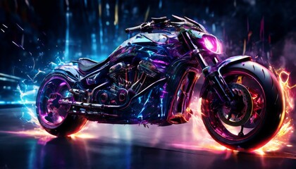 A high-tech, futuristic motorcycle with glowing neon accents displayed in a sleek, electrified setting. The vibrant pink, purple, and blue hues reflect off the shiny metallic surface, evoking speed