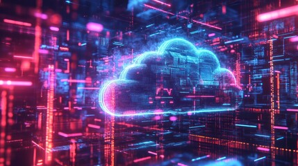 Fototapeta premium A digital cloud with a neon glow sits in a space of data and code.