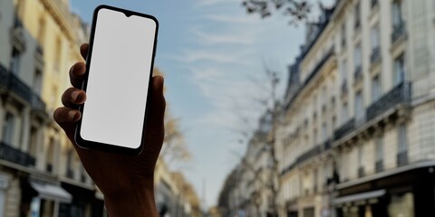 Black African-American male using smartphone with a blank white screen. Paris, France, street apps mockup. Vertical phone orientation