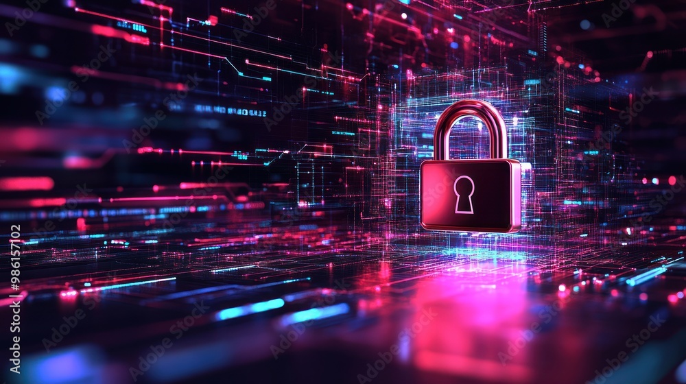 Poster 3d rendering of a glowing padlock in a digital cyberspace with blue and pink neon lights, representi